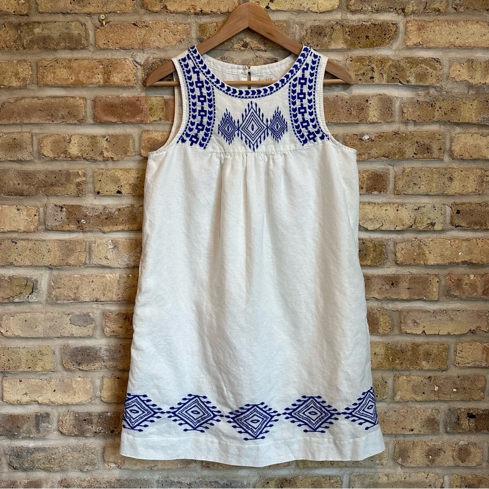 J. Crew Linen & Cotton White Summer Dress w/ Blue Geometric Embroidery